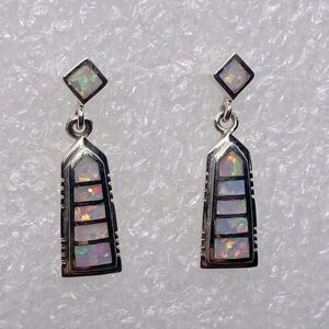 Vtg Navajo Sterling White Opal Inlay Inlaid Dangle Stud Earrings 1”